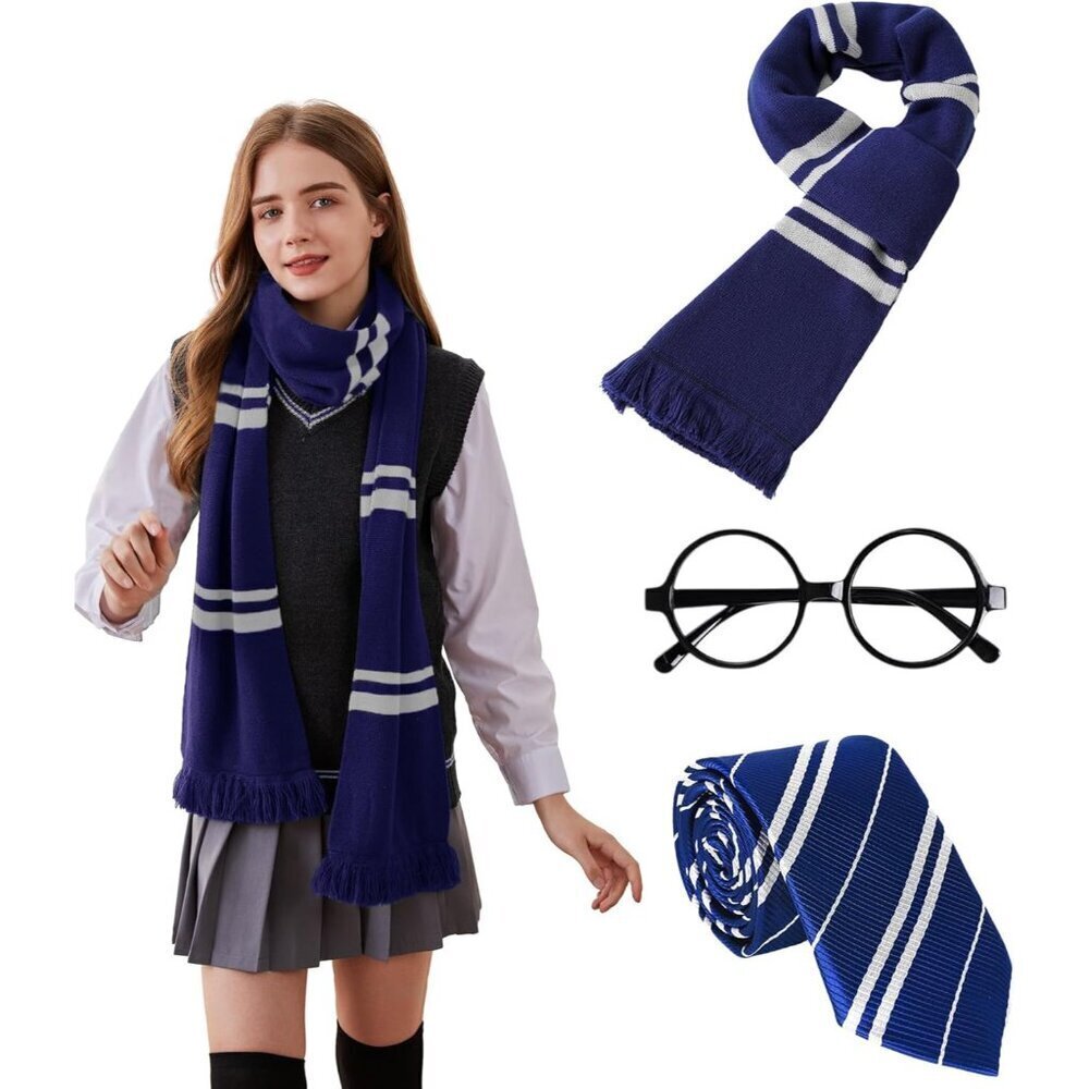 Knit Striped Scarf Set Tie Lensless Glasses Halloween Cosplay Costume Accessorie